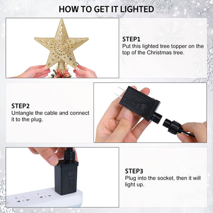 BLOOMWIN Christmas Tree Topper Lighted with Snowflake Projector, LED Rotating Hollow Snowflake, 3D Glitter Lighted Gold Star Tree Topper for Xmas Tree Festival Decorations Lights