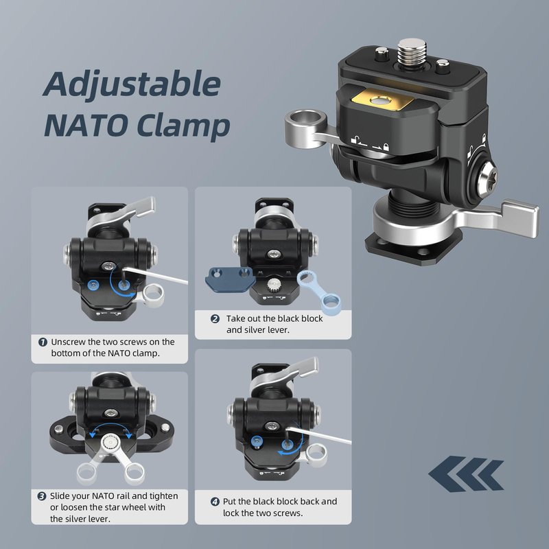 Nitze Quick Release Camera Monitor Mount (NATO Rail with 1/4” Screw and Retractable Pins to Cold Shoe), Field Monitor Mount with Adjustable NATO Clamp, 170° Tilt and 360° Pan - N54-S1