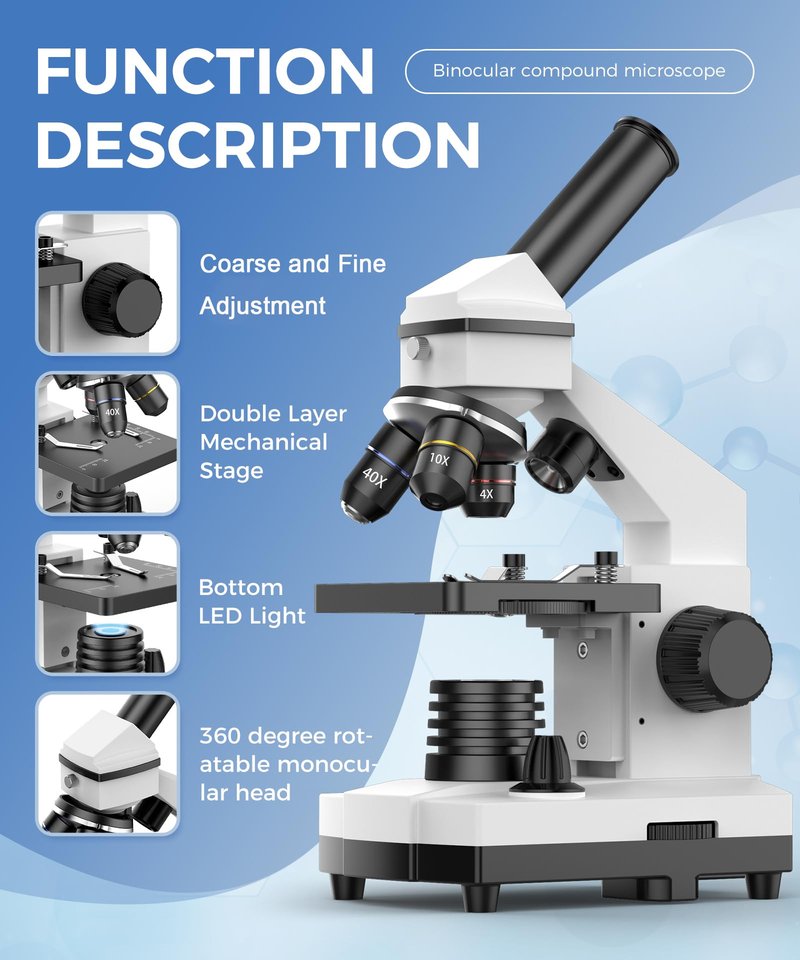 PalliPartners Compound Microscope for Adults & Students - 100X-2000X High-Power Biological Microscope for Students, School Lab & Home Education, with Slides Set & Phone Adapter (White)