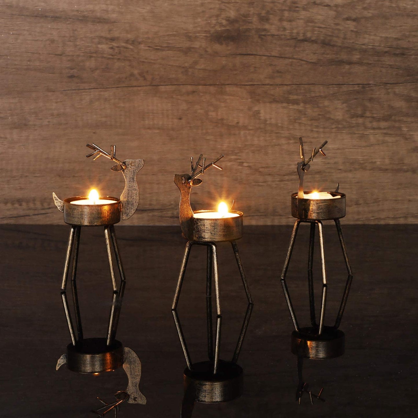 Juegoal Reindeer Tealight Candle Holders, Set of 6 Christmas Decorations Standing Iron Metal with Rustic Bronze Finish, Durable and Rust-Proof Candlestick Holiday Tabletop Centerpiece and Display