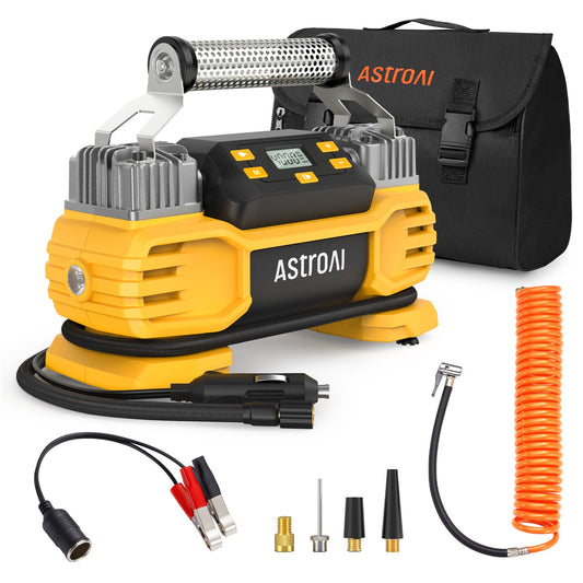 AstroAI Portable 160 PSI DC Heavy Duty Tire Inflator Pump Auto Shutoff with Screen, Dual Cylinders & Dual Motors, 12V Air Compressor for SUVs, RVs, ORVs, Cars, Air Mattresses, etc. Yellow(NO AC)
