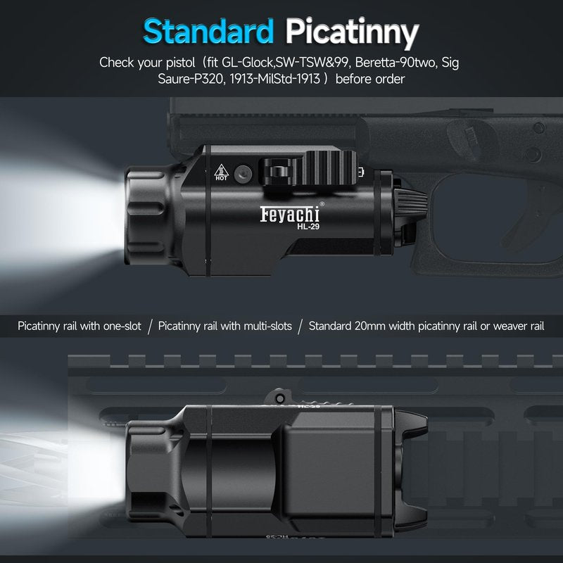 Feyachi Tactical Flashlight - 1500 Lumens Rail Mounted Flashlight, with 5 Interchangeable Picatinny Rail Adapters, Fits Multiple Models, IPX7 Water-Resistant Pistol Light