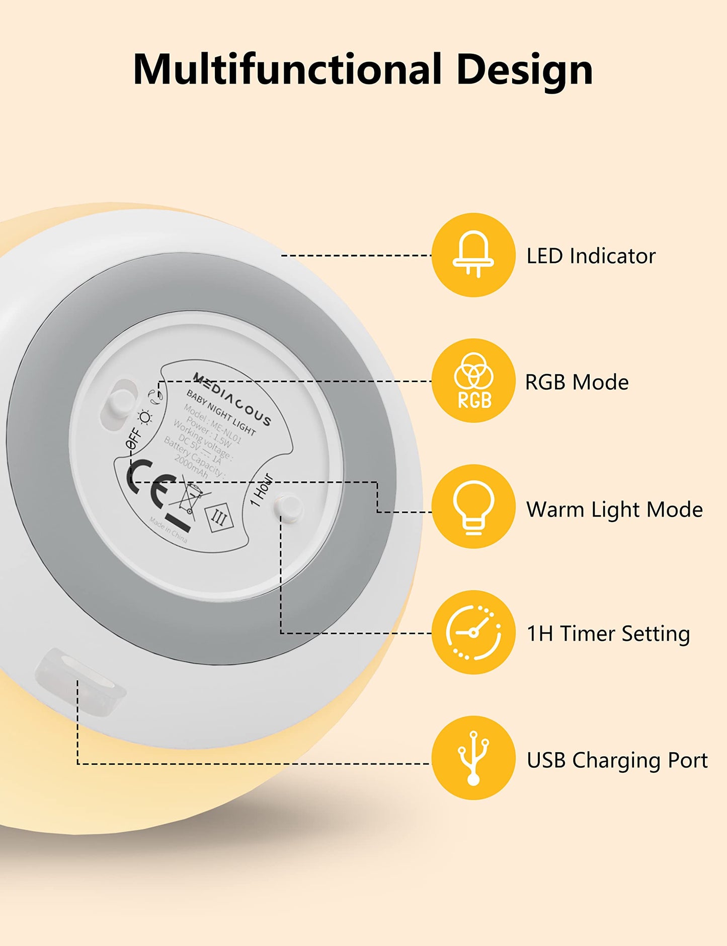 MediAcous Night Lights, 2000mAh Baby Night Light with 7 Colors Changing & Dimming Function, Rechargeable Kids Night Light with 1 Hour Timer & Touch Control for Bedroom, Living Room