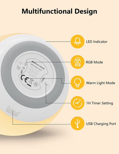 MediAcous Night Lights, 2000mAh Baby Night Light with 7 Colors Changing & Dimming Function, Rechargeable Kids Night Light with 1 Hour Timer & Touch Control for Bedroom, Living Room