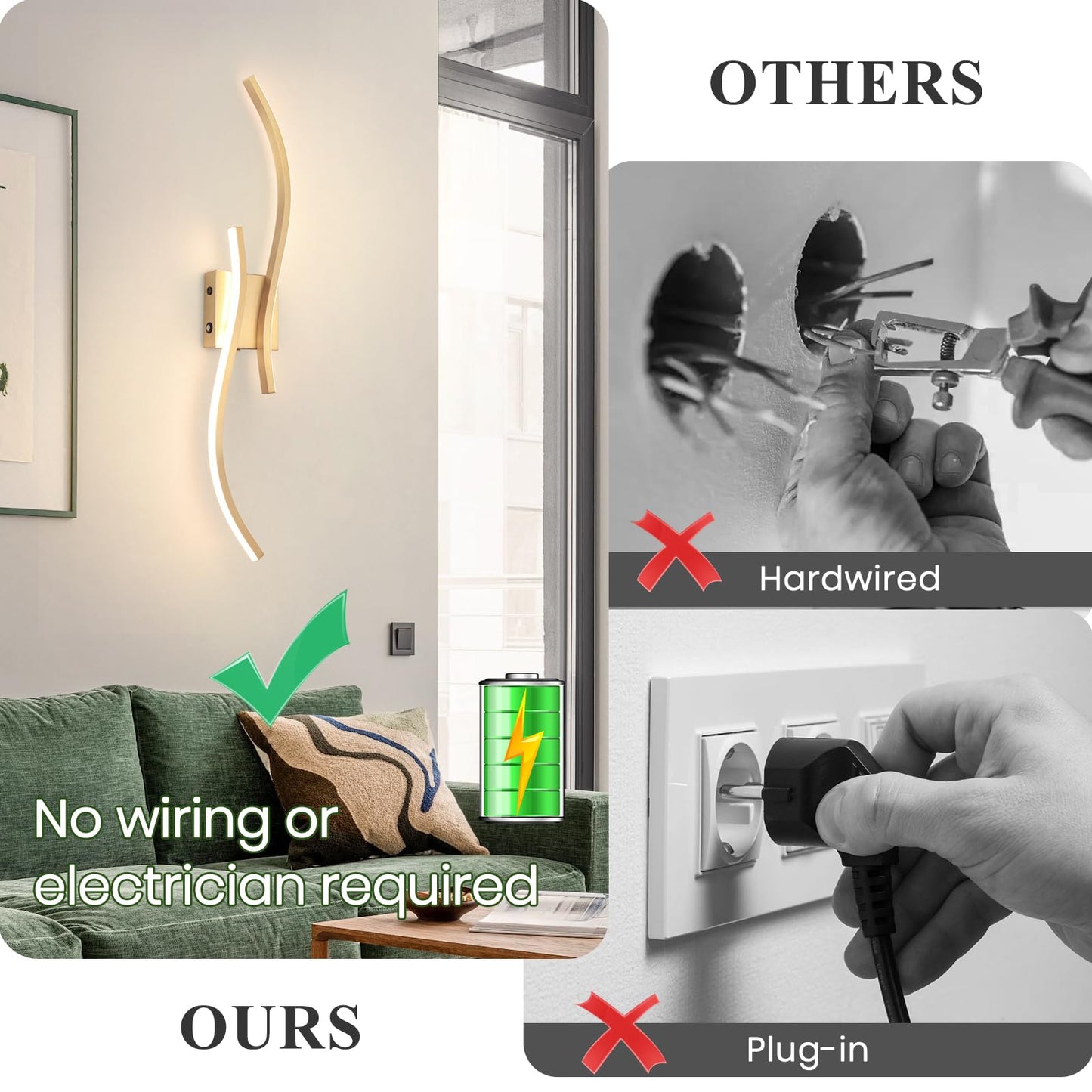 CANEOE Battery Operated Wall Sconces with Remote Control,10000mAh USB Rechargeable Gold Wall Light,3000K-6000K LED Wireless Wall Lamp for Bedroom,Hallway,Background Wall,31.5inch,1 Pack