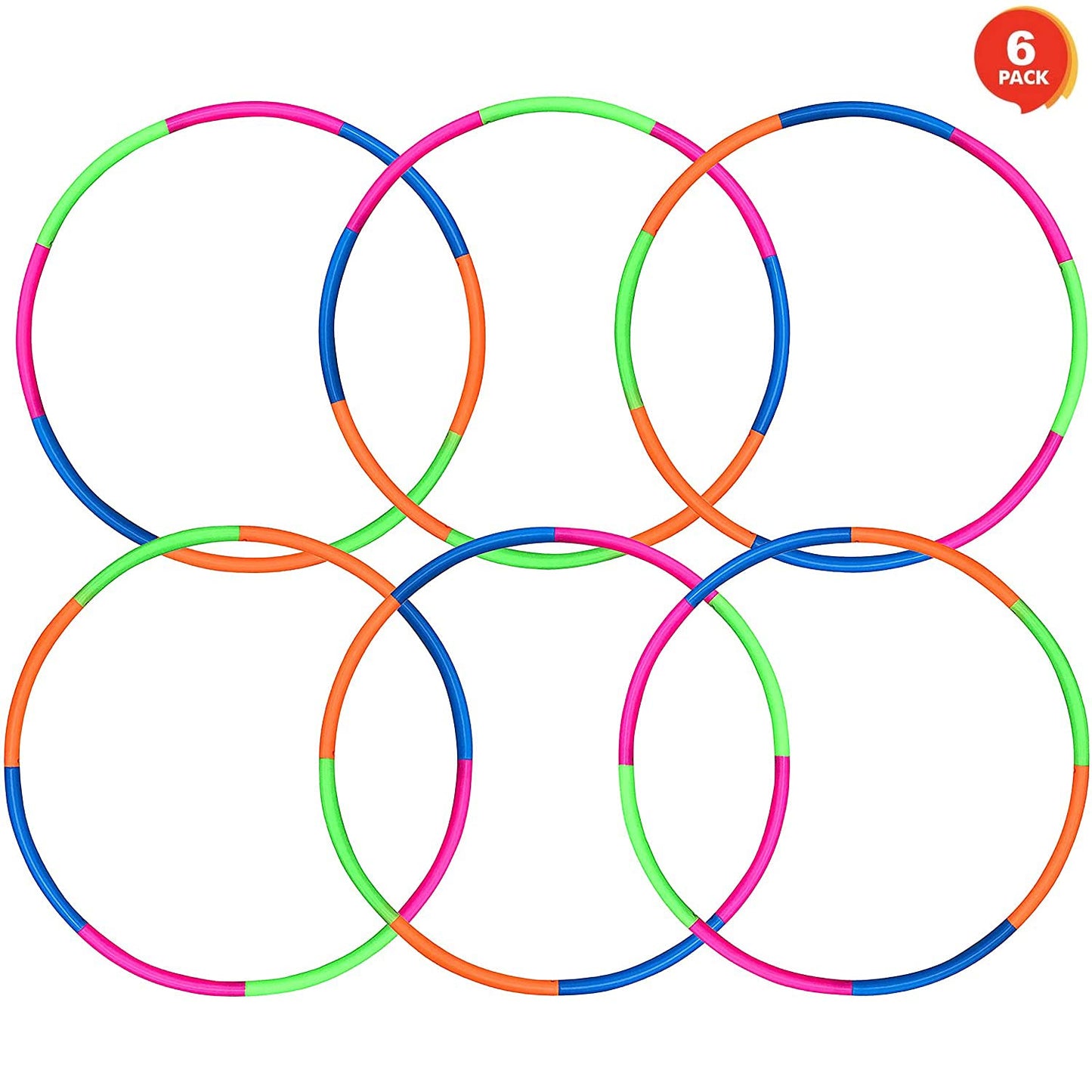 6 Pack: Toy Hoop Bundle Pack - Snap Together Detachable Adjustable Weight Size Plastic Hoops - Kids Hoola Rings for Sports, Exercise, Playing, 32-Inch