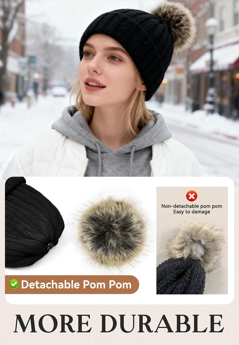 Zando Black Winter Satin Lined Beanie Hats for Women - Cute Pom Pom Beanie, Warm Winter Hat with Hair Protection, Thick Knit Beanies, Fashionable Stocking Cap for Outdoor Travel Daily Wear One Size
