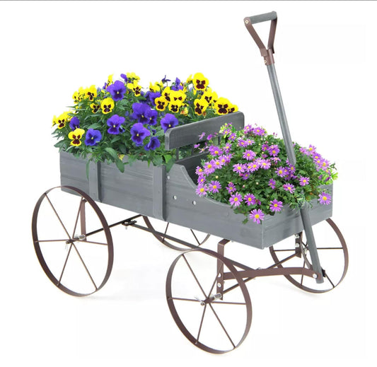 Wagon Planter, Decorative Wooden Garden Planter with Wheels, 2 Planting Sections and Adjustable Handle, Indoor Outdoor Backyard Balcony Decor (Grey)