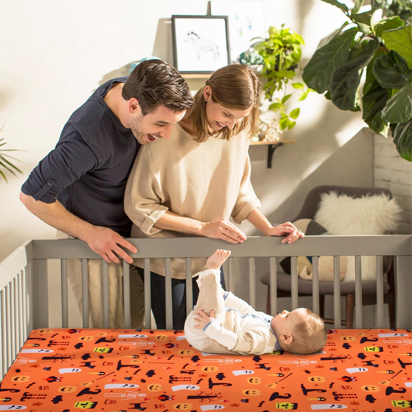 JISEN Baby Crib Sheet 1 Piece Portable Fitted Crib Sheet for Standard Crib and Toddler Mattresses Nursery Bed Decor for Boys Girls 28x52 Halloween Ghost