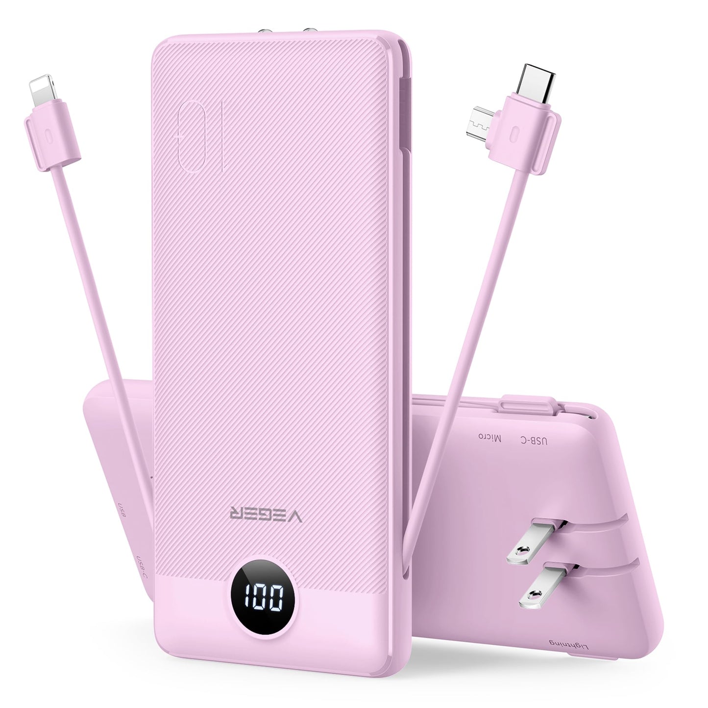 VEGER Portable Charger for iPhone Built in Cables and Wall Plug, 10000mah Slim Fast Charging USB C Power Bank, Travel Essential Battery Pack Compatible with iPhones, iPad, Samsung More Devices(Pink)