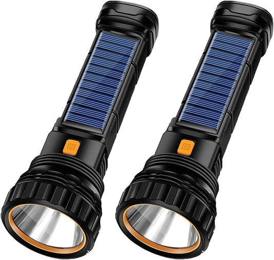 E-SHIDAI 2pcs Solar/Rechargeable Multi Function 1000 Lumens LED Flashlight, with Emergency Strobe Light and 1200 Mah Battery, Emergency Power Supply and USB Charging Cable, Fast Charging (2PC)