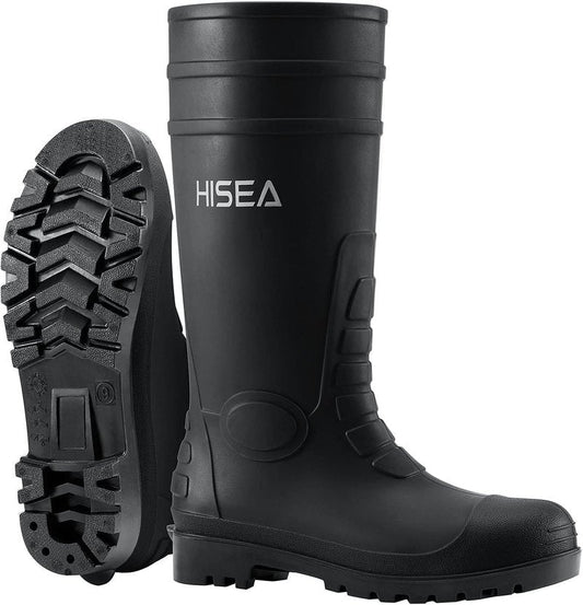 HISEA Men's Steel Toe Rain Boots - Waterproof PVC Rubber Outdoor Work Boots | Durable Slip-Resistant Knee Design