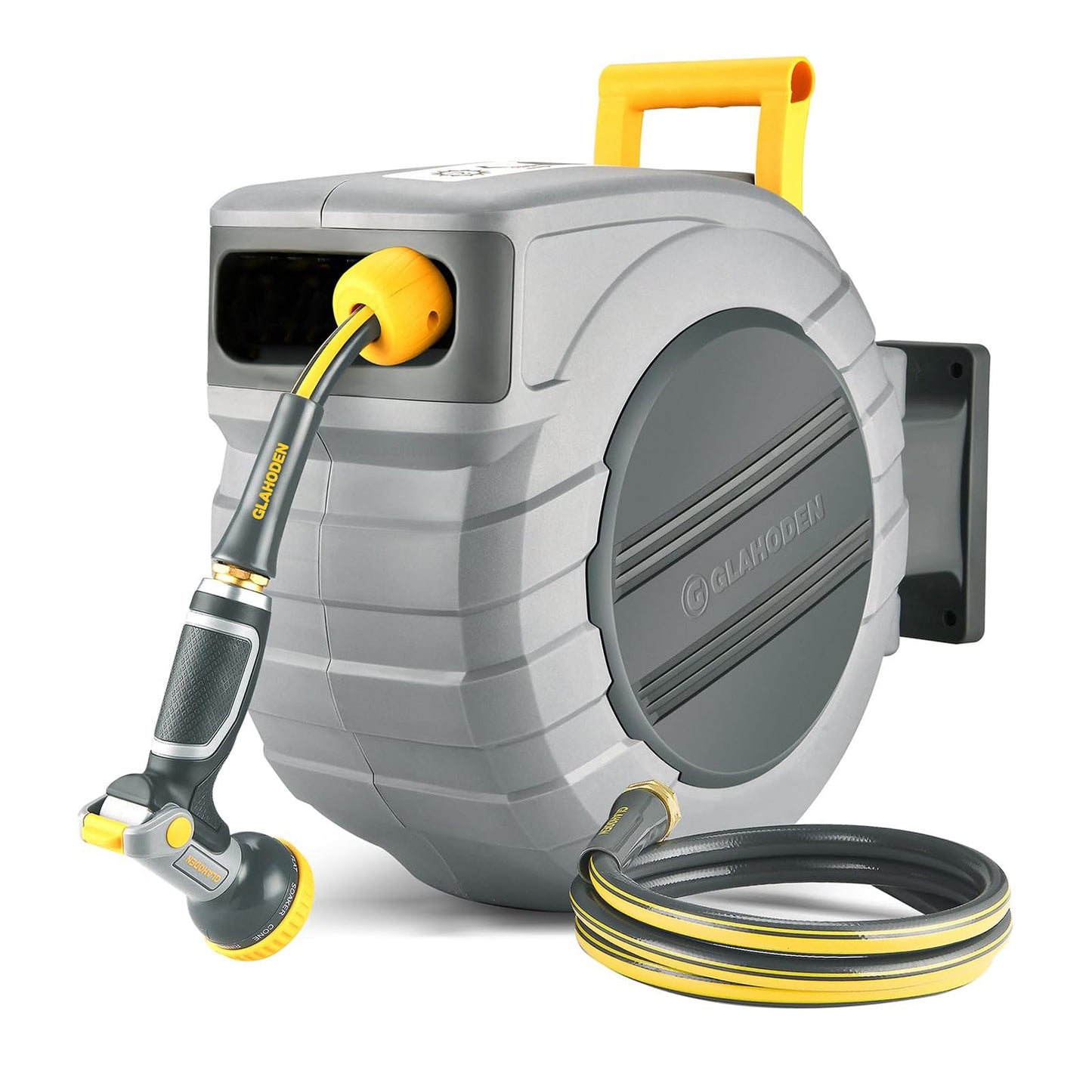 GLAHODEN Retractable Garden Hose Reel 5/8 in x 100 ft Upgraded UV Resistant Heavy Duty Automatic Hose Reel Wall Mount 3/4 in Brass Fitting 9 Pattern Nozzle Any Length Lock Slow Retraction 180° Swivel