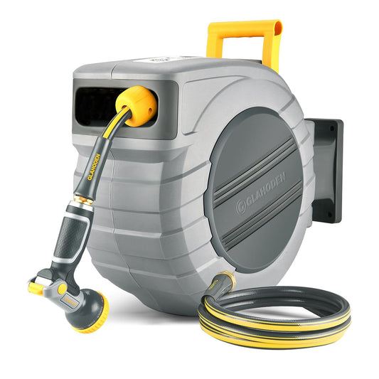 GLAHODEN Retractable Garden Hose Reel 5/8 in x 100 ft Upgraded UV Resistant Heavy Duty Automatic Hose Reel Wall Mount 3/4 in Brass Fitting 9 Pattern Nozzle Any Length Lock Slow Retraction 180° Swivel