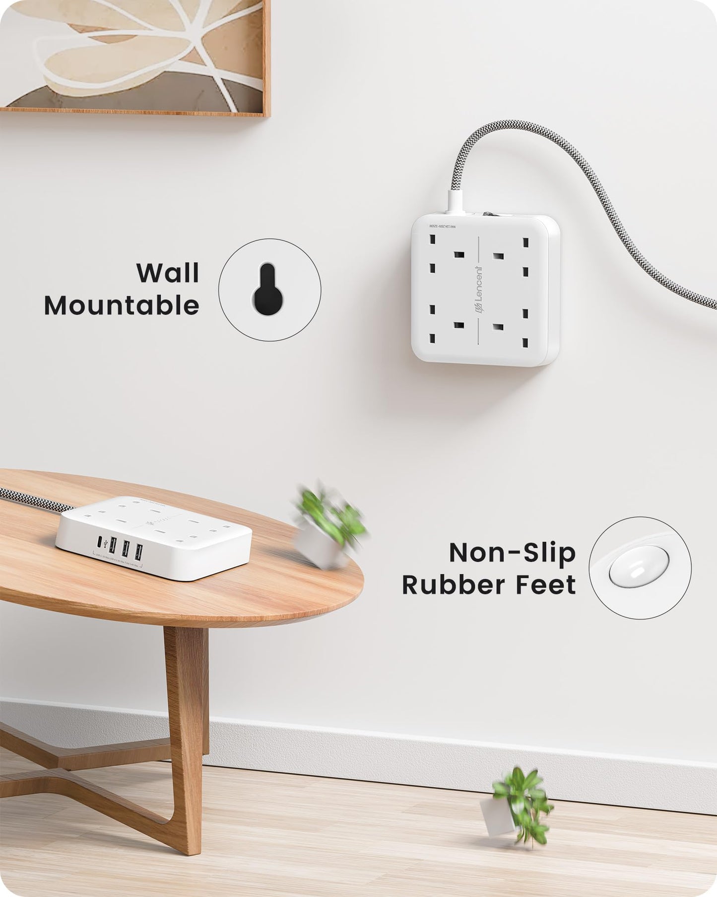 LENCENT Extension Lead with 4 Way Outlets, 3250W 13A Power Strip, 1.8M Braided Extension Cord, 1 USB-C and 3 USB Slots, Multi Power Plug Extension for Home and Office, White