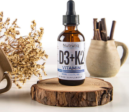 Nutroliq Vitamin D3 + K2 Liquid Drops - 4000IU Vit D3, 100mcg Vit K as MK7, MCT, Extra Virgin Olive Oil - For Immune & Bone Health, Better Energy, Calcium Absorption - Natural Peppermint Flavour, 60ml