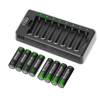 BEVIGOR 8 Pcs 2800mAh AA Rechargeable Batteries with 8 Slot LED Smart Battery Charger Set, Type C Fast Charging for Ni-MH/Ni-CD Rechargeable Batteries