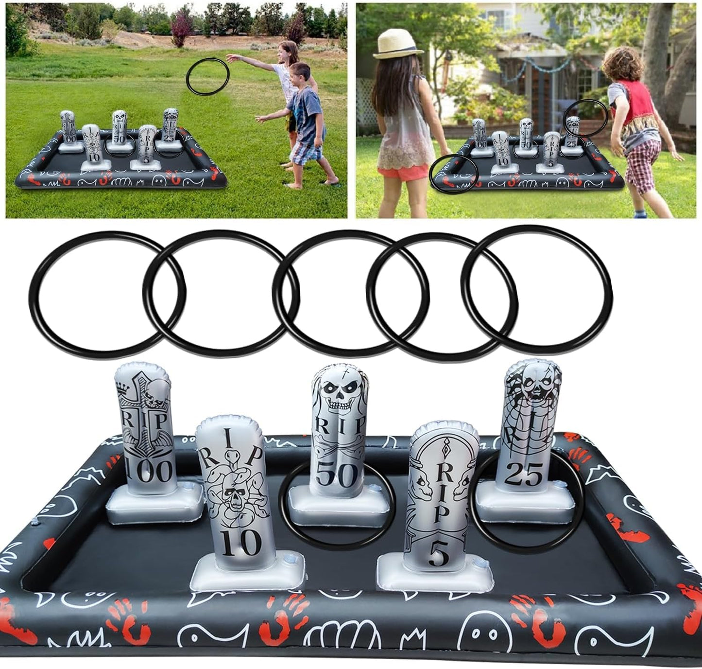 Upgraded Stability & Plastic Ring Giant Tombstone Ring Toss Games Halloween Party Game Favors for Kids Inflatable Game Halloween Party Decor Outdoor Carnival Game Classroom Indoor School Yard