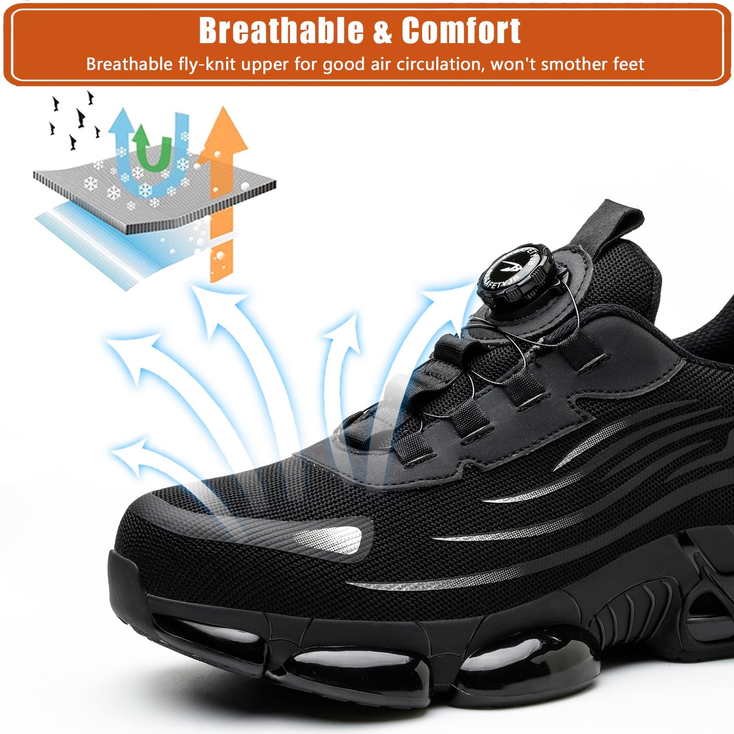 OBIDER Safety Trainers, Safety Shoes Men Women, Comfortable Lightweight Work Shoes, Upgraded Swivel Buckle Shoelaces, Non Slip Work Trainers with Air Cushion Black