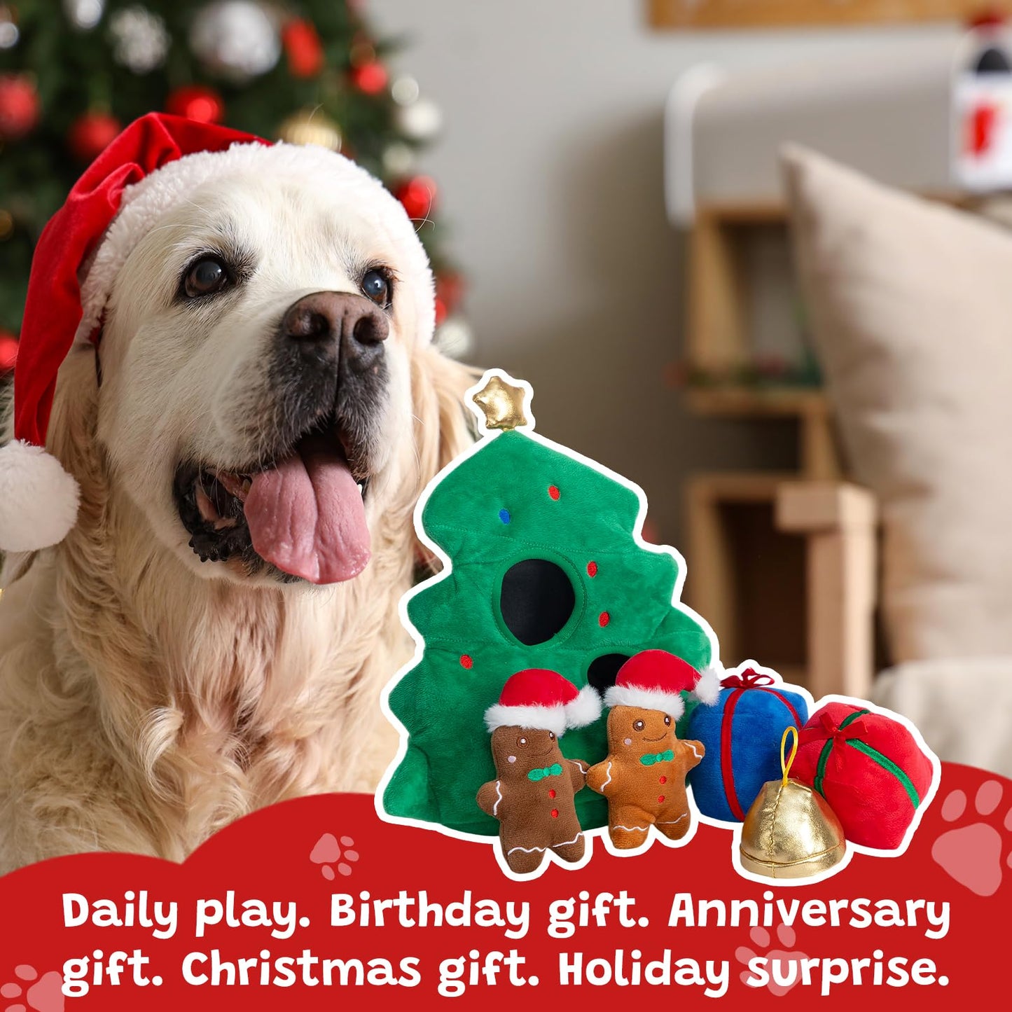Hollypet Squeaky Dog Toy, Interactive Plush Hide and Seek Dog Toys for Small Medium Sized Dogs and Non-Aggressive Chewers, Puppy Teeth Clean Chew Toys, Christmas Tree