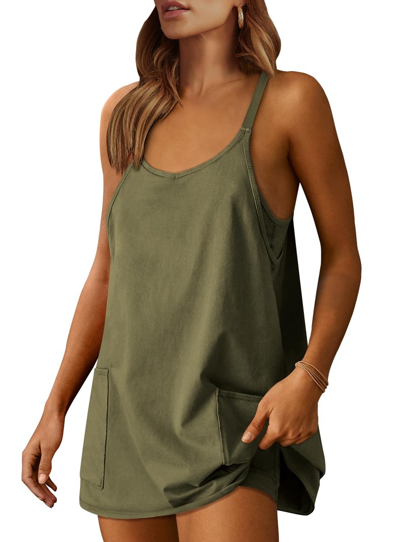 ANRABESS Women Athletic Dress Summer Tennis Workout Active Sports Mini Romper Dress Built in Shorts Travel Vacation Clothes Army Green X-Smal