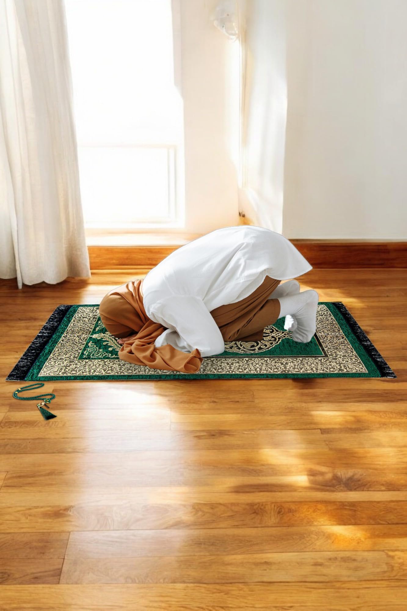 ihvan online Muslim Prayer Rug with 99 Beads Tasbih, Soft Chenille Sajadah, Lightweight & Foldable Janamaz, Portable Travel Prayer Mat, Islamic Gift for Eid, Ramadan, Hajj & Umrah, Mint Green