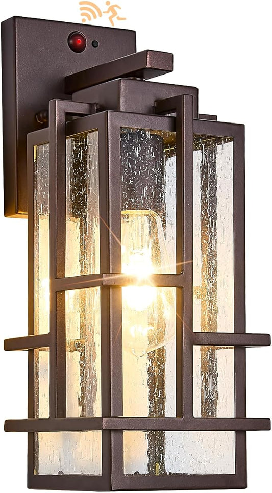 Motion Sensor Outdoor Wall Light Fixture, Dusk to Dawn Porch Light Oil Rubbed Bronze Exterior Lighting with Seeded Tempered Glass, Waterproof Outside Wall Mount Coach Lamp for House, Patio, Garage
