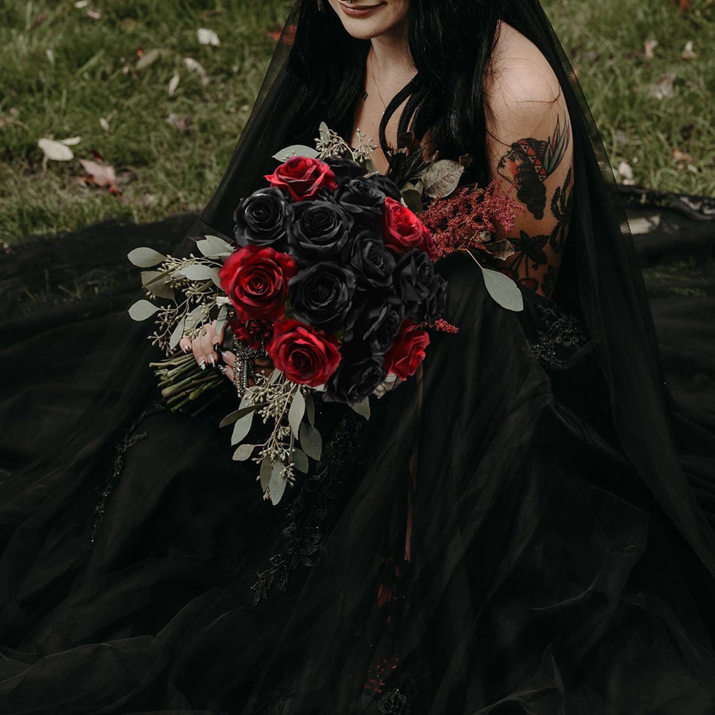 Veryhome Halloween Artificial Flowers Silk Black Roses Real Touch Bridal Wedding Bouquet for Home Garden Party Floral Decor 10 Pcs (Black)