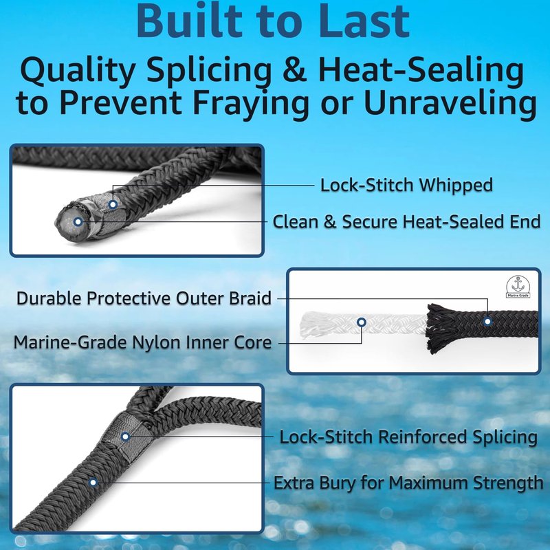 PACTHSD 4 Pack 1/2" x 20' Dock Lines - Marine Grade Nylon Boat Ropes with 12" Eyelet for Docking and Mooring - Double Braided Boat Lines, High Strength, Easy Handling, Fray Resistant - Black