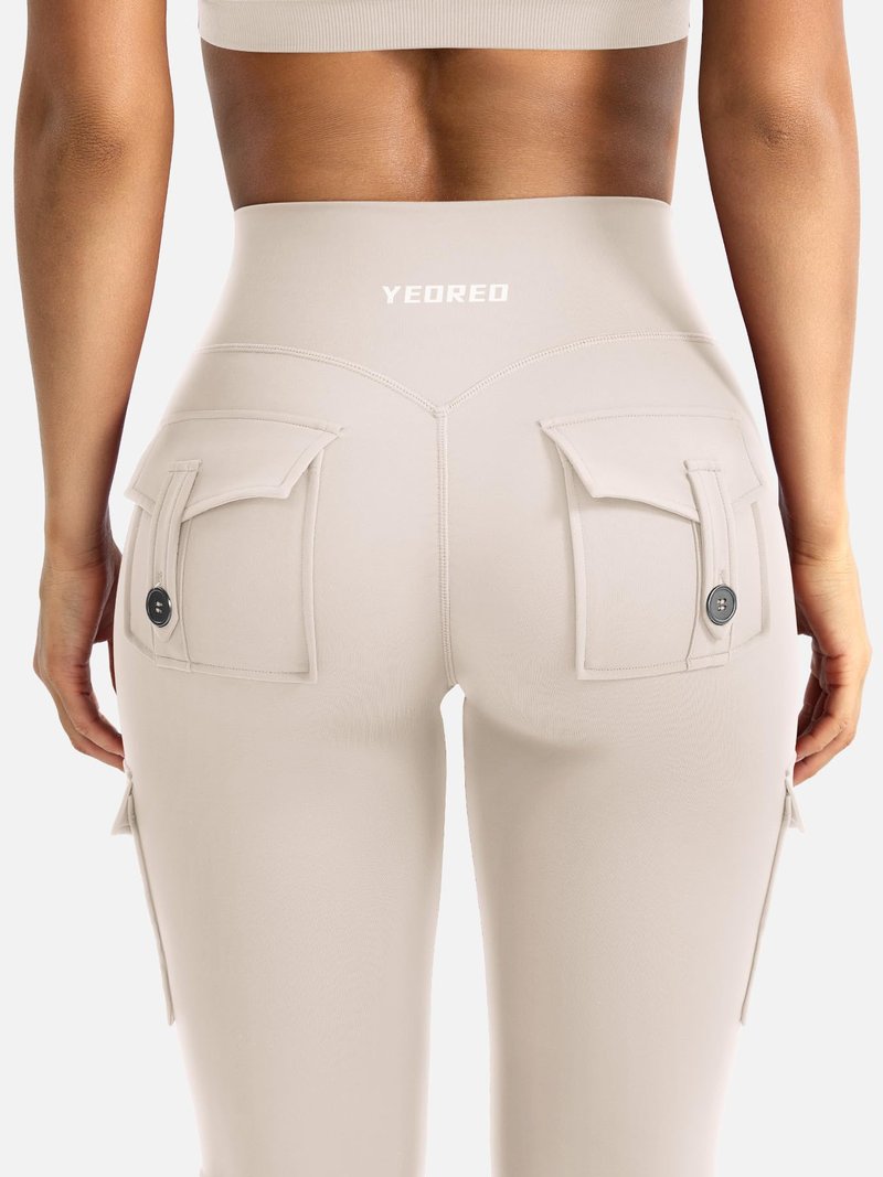 YEOREO CoreFlex Women Workout Flare Leggings with Pockets Hidden Scrunch High Waisted Cargo Gym Yoga No Front Seam Leggings Light Khaki L