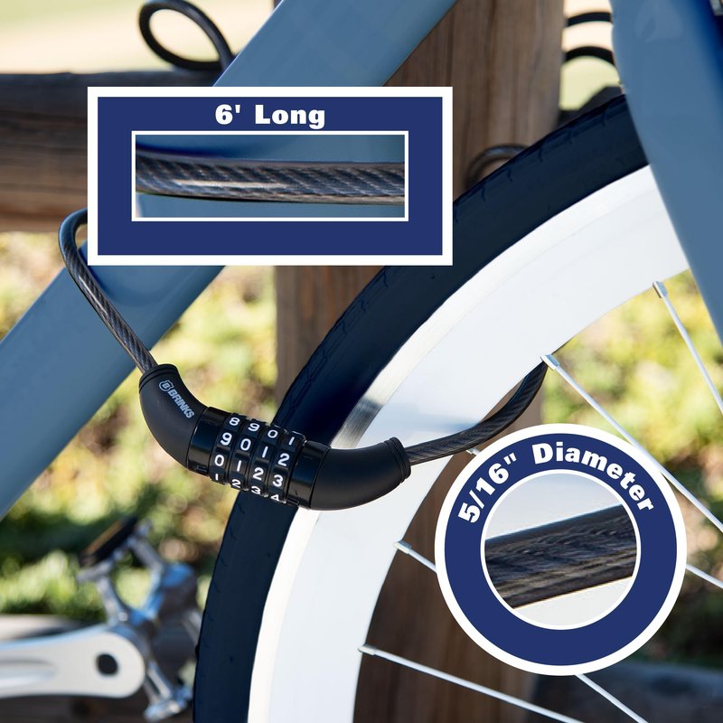 BRINKS 6 ft Outdoor Bike Lock Cable, Anti Theft Self-Coiling Design, Resettable 4-Dial Combination, 5/16" Weather-Resistant Vinyl Coating for Bikes