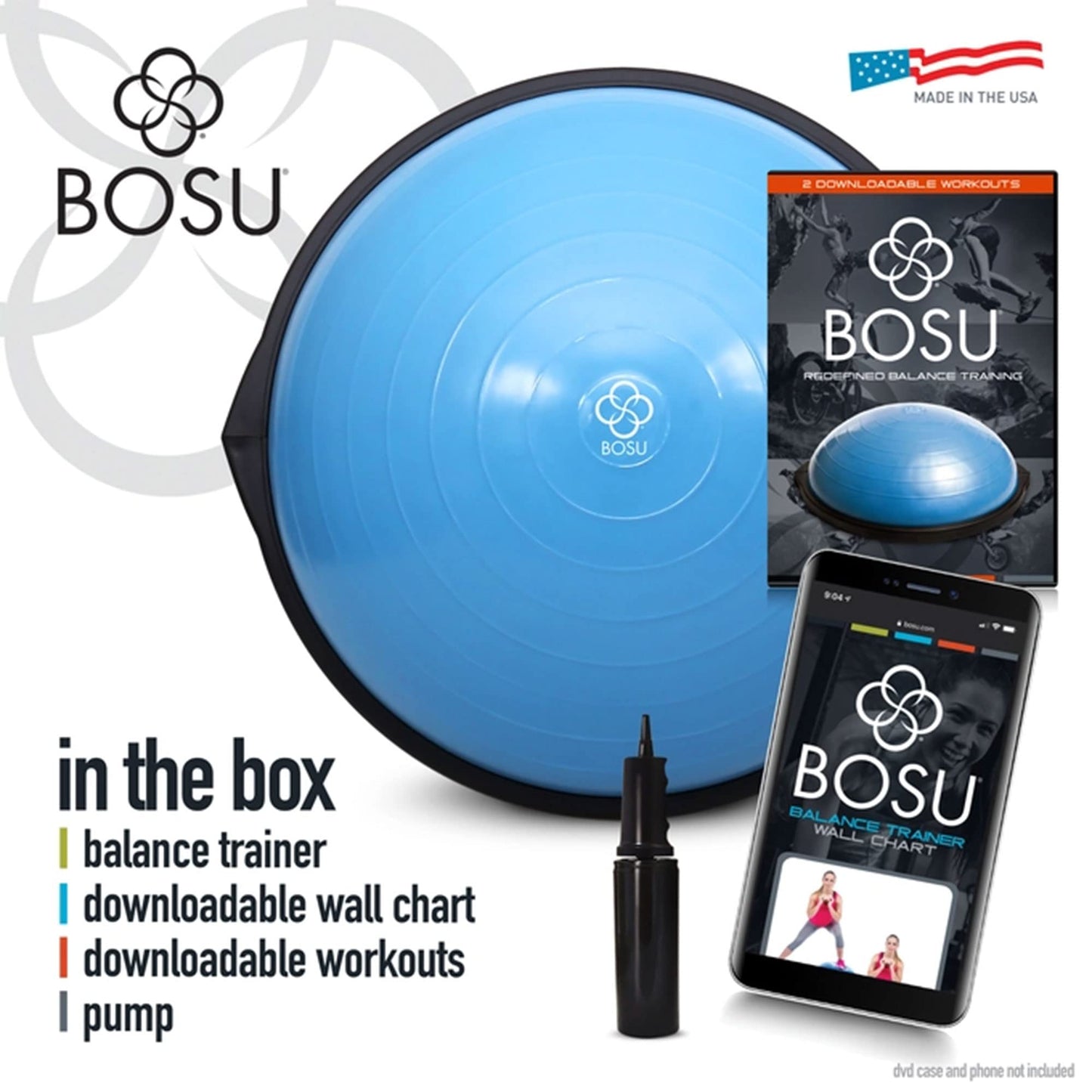 Bosu Balance Ball Exercise Trainer, Home Gym Equipment w/ Guided Workouts & Pump, 26", Blue - Inflatable Fitness Platform for Strength Training, Standing, Balancing, and Core Workout
