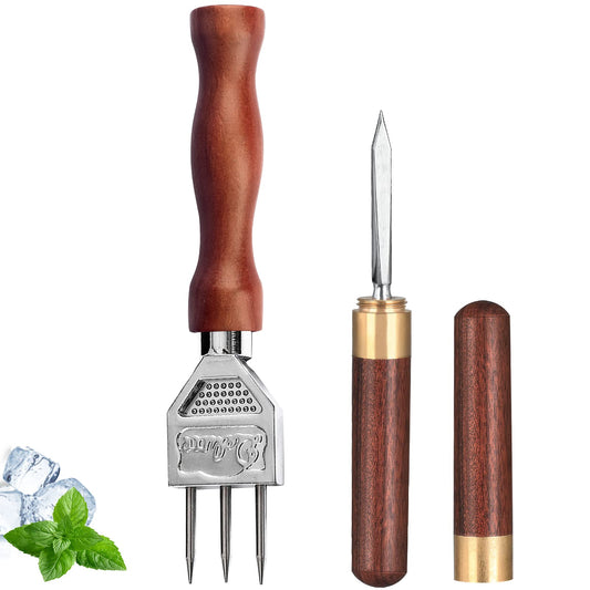 Ice Pick Set of 2 Three Pronged lce Pick, Stainless Steel Ice Pick with non-slip Wood Handle, Durable Carving Bartender Tool(7inch 2pcs)