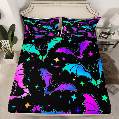 Erosebridal Halloween Bat Bedding Set King Size Glitter Stars Galaxy Bed Sheet Set for Kids Child, Cartoon Gothic Bats Fitted Sheet Halloween Decorations Teal Blue Green Purple