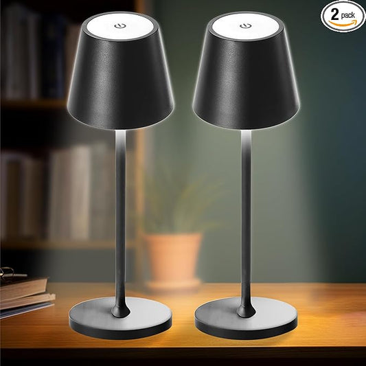2 Pack Cordless Table Lamp,Portable LED Desk Lamp, 5200mAh Battery Operated, 3 Color Stepless Dimming Up, for Restaurant, Bedroom, Bars, Outdoor Party, Camping, Coffee Shop Night Light Black