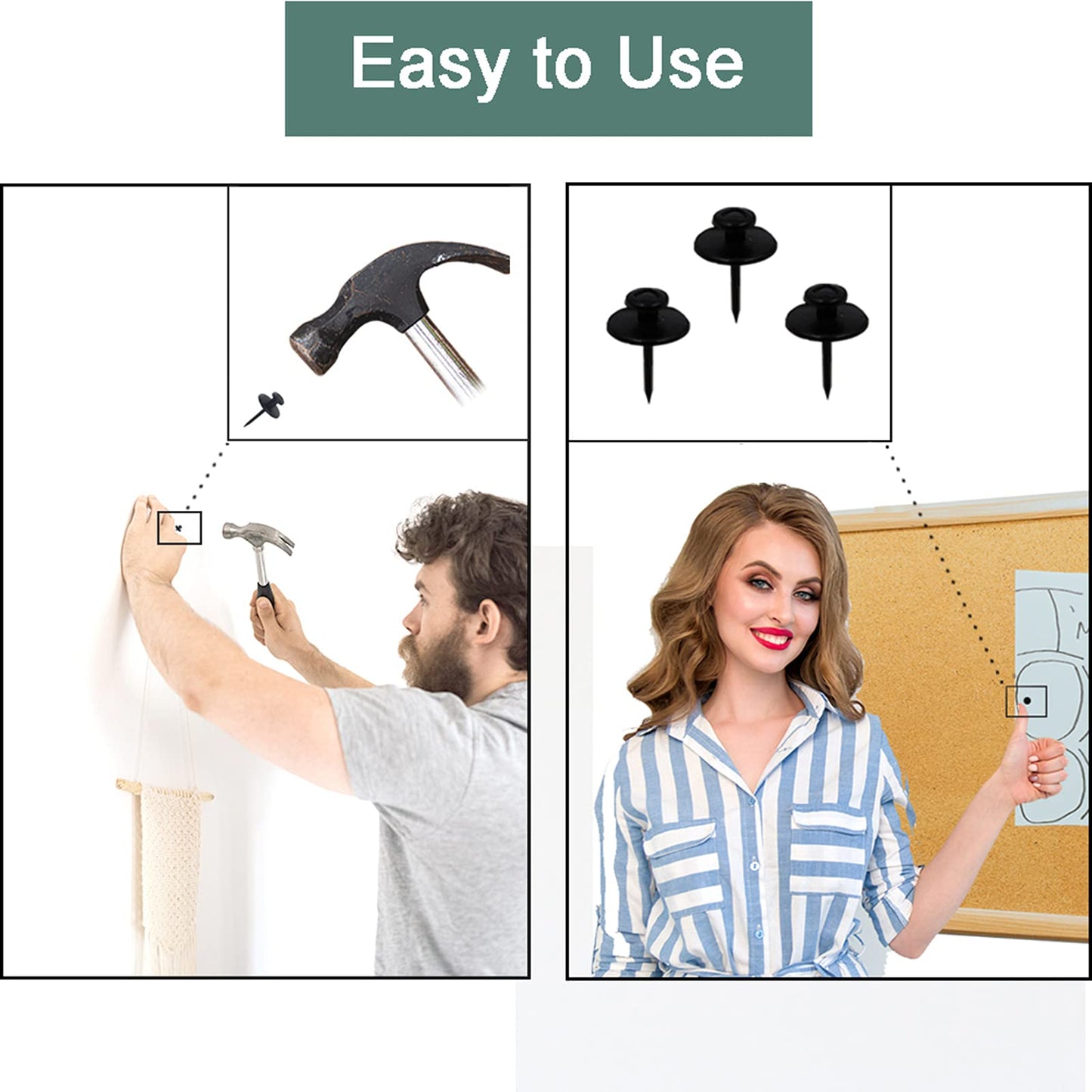 30 PCS Push Pins Picture Hangers Wall Hooks, Double Headed Thumb Tacks for Wall Hangings, Renter Friendly Decor Small Picture Frame Hangers for Drywall Cork Board Home Office Photo Decorations(Black)