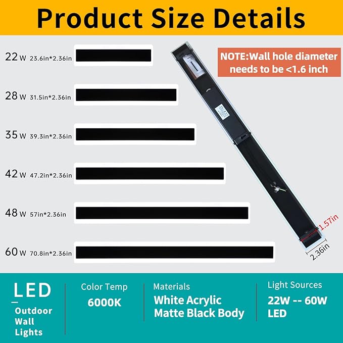 Mikeru 2Pack 23.6inch Long Led Wall Light, 6000k Cool White Modern Outdoor Wall Light Ip65 Waterproof Black Acrylic Porch Exterior Lighting Fixtures, Exterior Wall Mount Lights