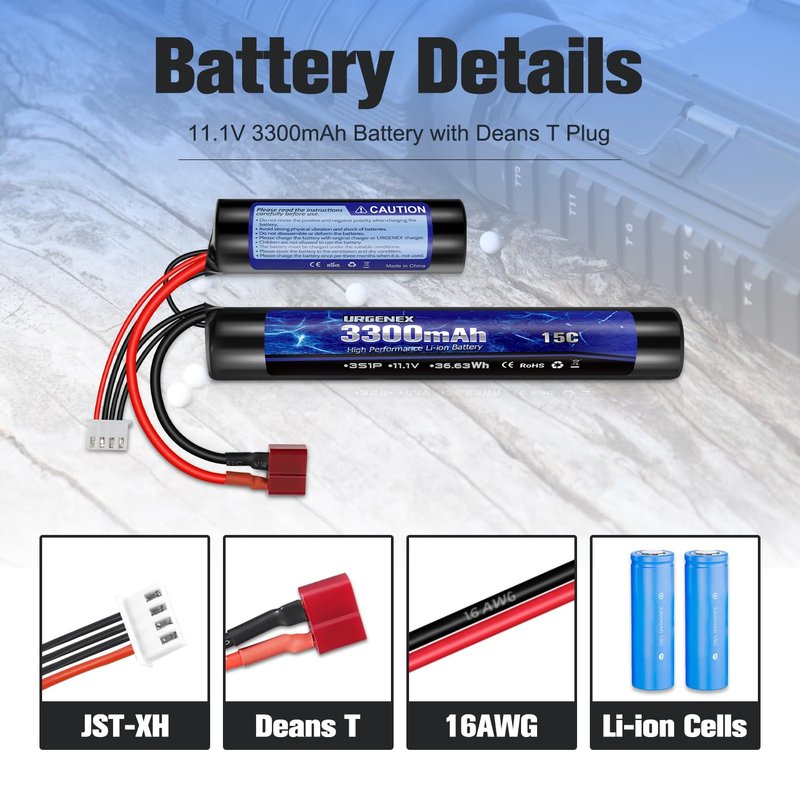 URGENEX Airsoft Battery 3300mAh High Capacity 11.1V Nunchuck RC Battery with Dean-Style T Plug & Mini Tamiya Cable 3S Butterfly Stick Airsoft Li-Ion Fit for aeG AK47 M4 MP5 and Most Airsoft Gun Rifle