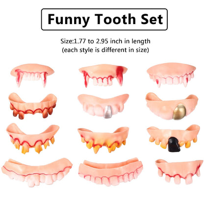 Boao 24 Pieces Halloween Vampire Teeth Fake Gnarly Gag Teeth Ugly Joke Tooth Prank Denture Funny Costume for Halloween Cosplay Photos Props, Birthday Surprise Party Favors