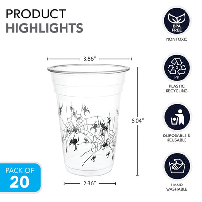 Party Essentials Supplies 20-Count Soft Plastic 16-Ounce Halloween Party Cups/Pint Glasses, Spider Print, One size (SD162042)