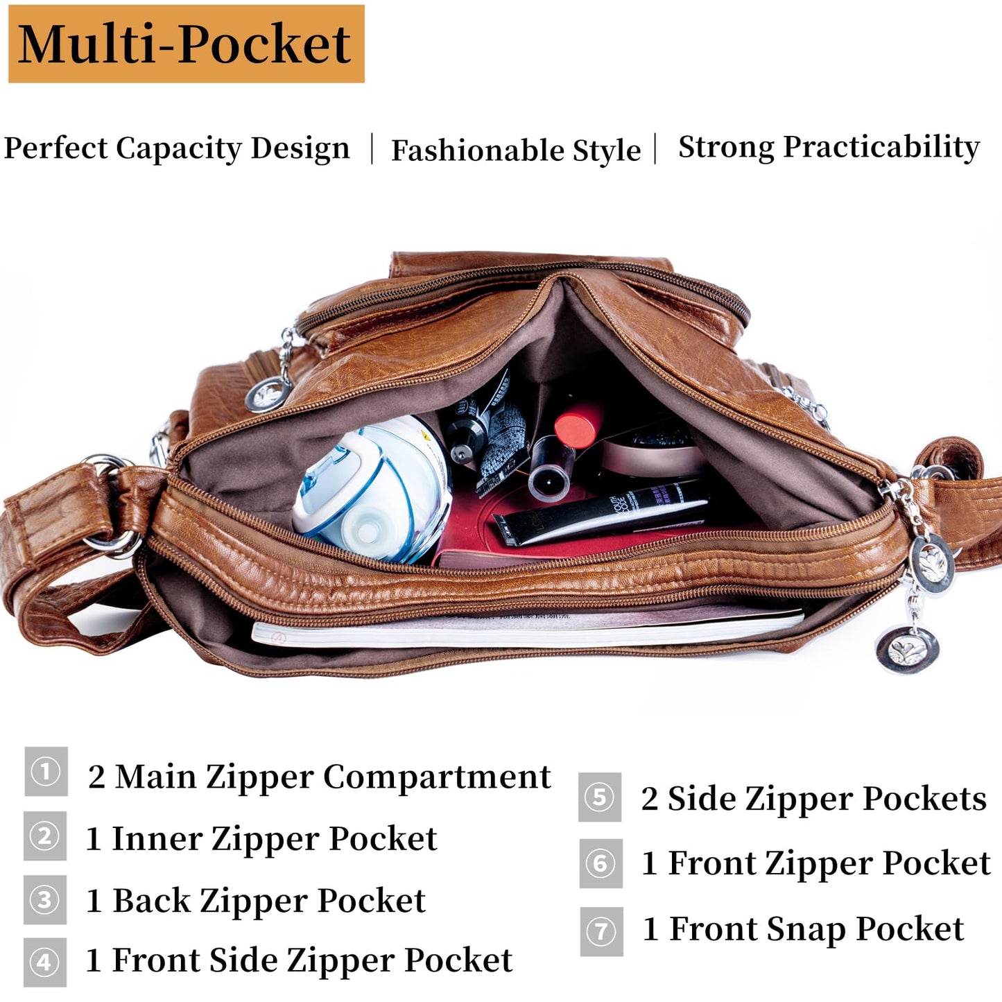 T-Kims Women Handbag Hobo Bag Tote Bags Shoulder Bag Soft Washed Leather Multifunctional Messenger Bag (Brown)