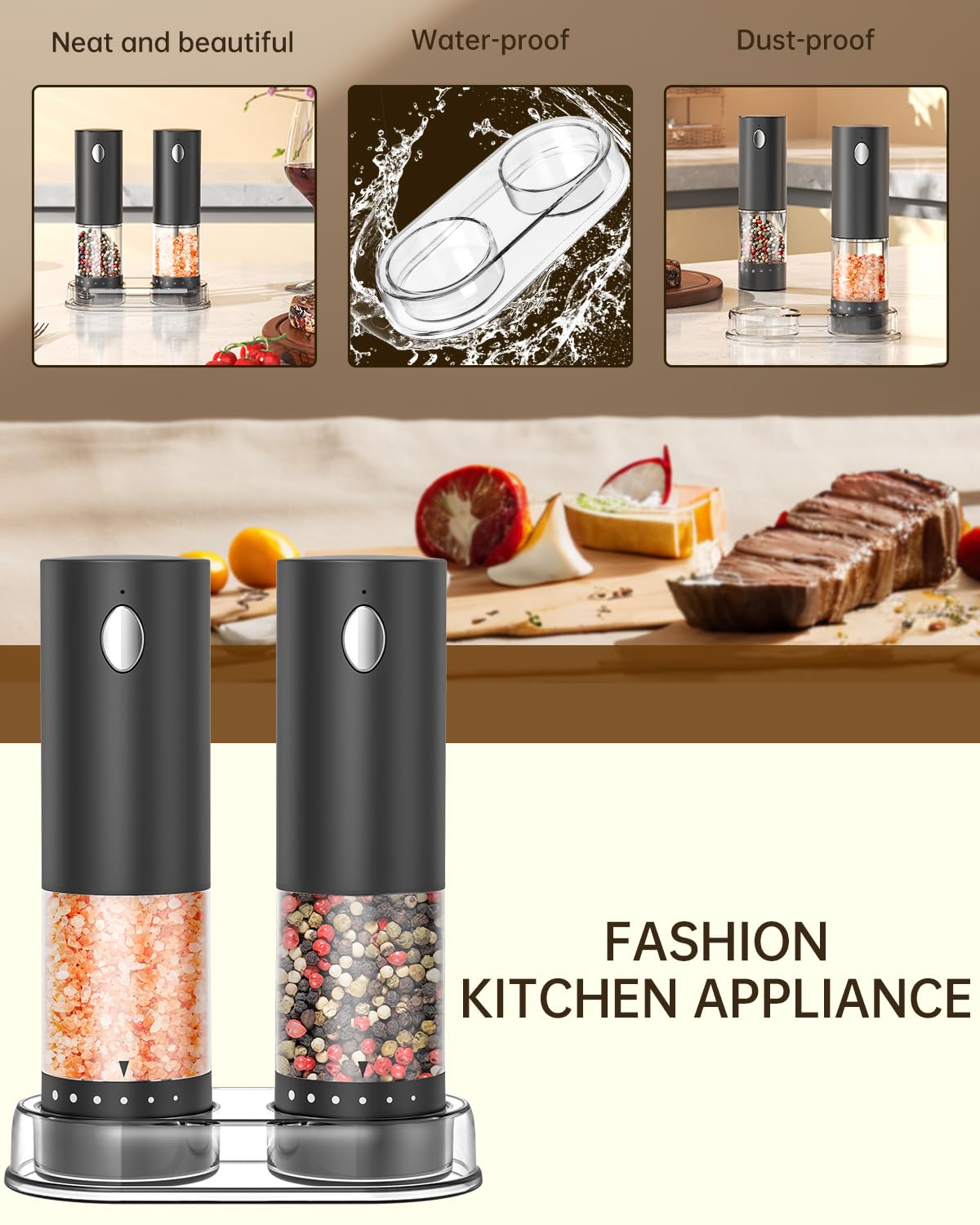 CIRCLE JOY Electric Salt and Pepper Grinder Set Rechargeable Salt and Pepper Mills with 6-Level External Adjustable Coarseness, White LED Light and Storage Base, Black