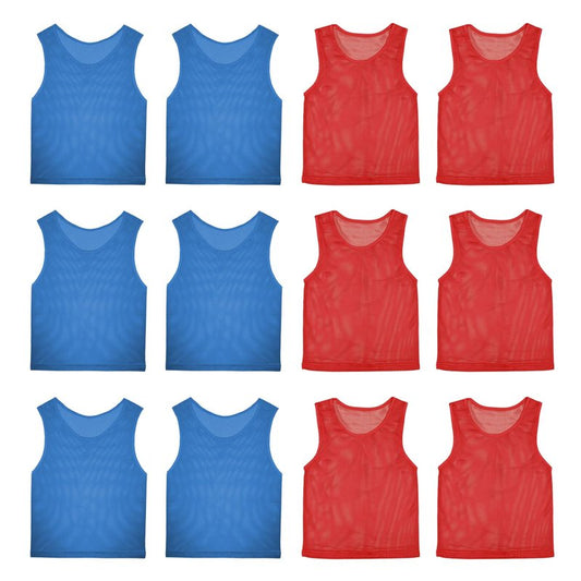 12 Pack Pinnies Team Practice Vests for Child Youth Teen Adult, Mesh Scrimmage Jersey for Soccer Football Basketball (6 X Red + 6 X Blue, Child/5-10 Years Old)