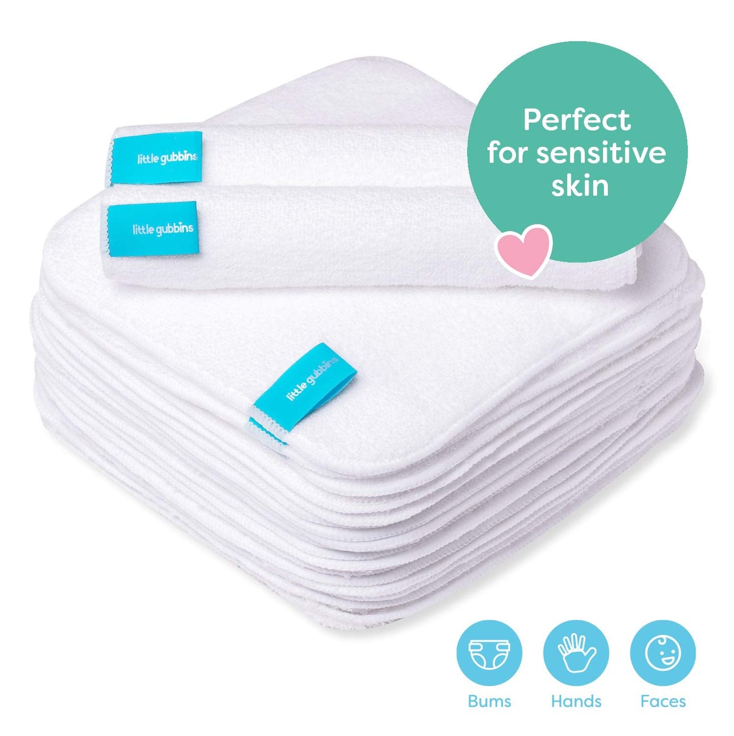 Little Gubbins 20 Cotton Terry Baby Wipes | Pack of 20cm x 20cm Reusable, Soft White Towelling Cloths | Ideal for Mucky Bums, Hands and Faces | 100% natural & Plastic Free