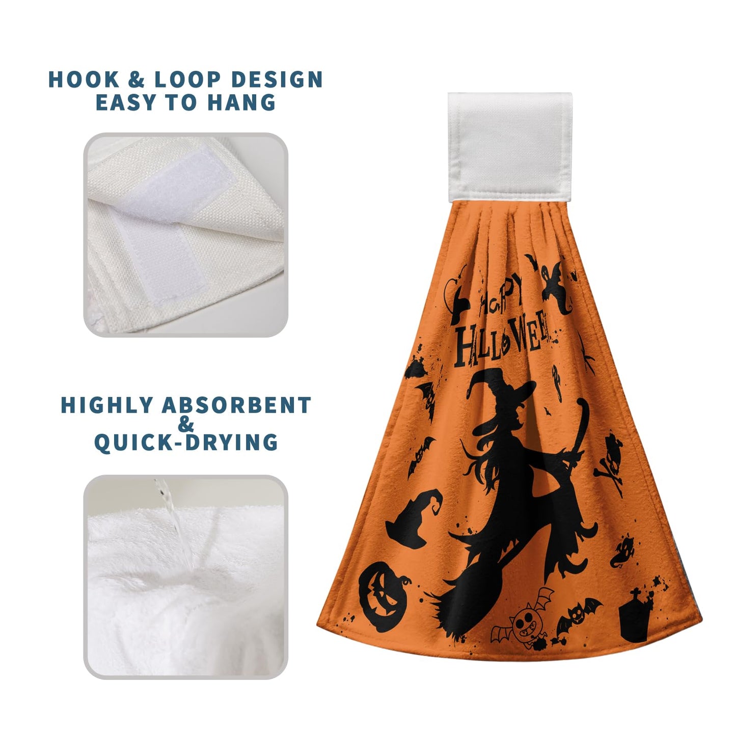 Happy Halloween Hanging Hand Towels Set of 2 for Bathroom Witch Castle Spider Web Kitchen Towels with Hanging Loop Orange and Black Holiday Dish Towel Soft Absorbent Fingertip Fast Dry Bath Towels