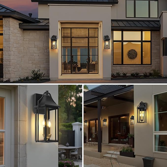 𝟏𝟕.𝟒𝑰𝑵 Outdoor Wall Sconce Fixture, Dusk to Dawn Patio Lights Waterproof Exterior Lanterns, 2-Light Modern Wall Lights Mounted with Glass, Black Outside Light for House Front Door Decor
