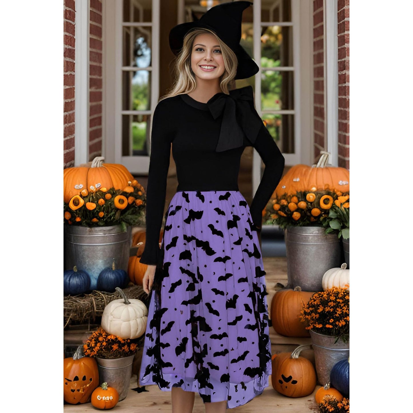 CHICWISH Women's Purple Tulle Tutu Skirt Velvet Bats Elastic Waist Halloween Party Layered Mesh Midi Skirt Halloween Costumes