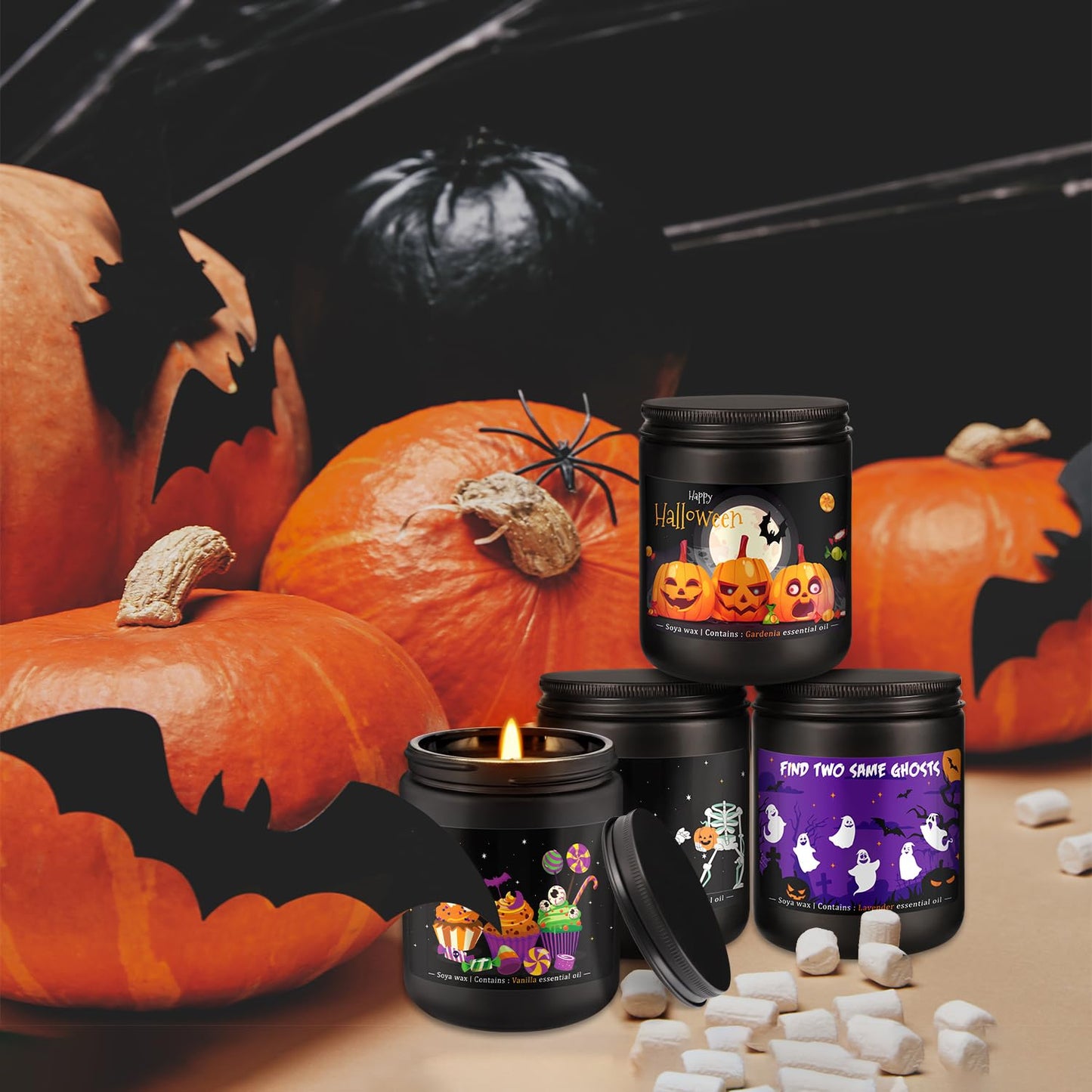 Wfmolcand Halloween Candle Set, 4 Pack Scented Candles Gift with Pumpkin|Skull|Ghost|Witch|, Long Lasting Burn Candles (7 oz Each), for Halloween Decorations Indoor, Candle Gift Set for Holiday.