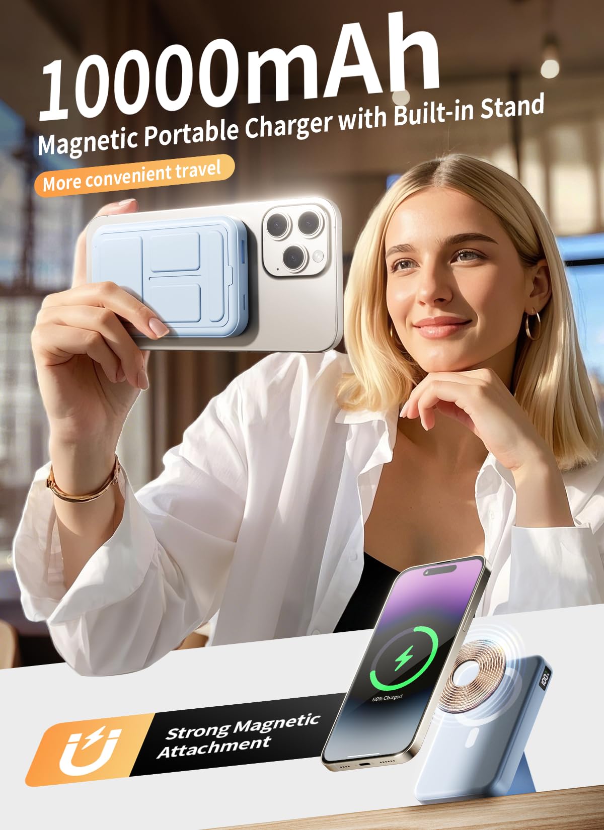 Magnetic Portable Charger, 10000mAh Wireless Power Bank with 20W USB-C Fast Charging, Foldable Stand & LED Display Magnetic Battery Pack, Compatible with iPhone 16/15/14/ All Series