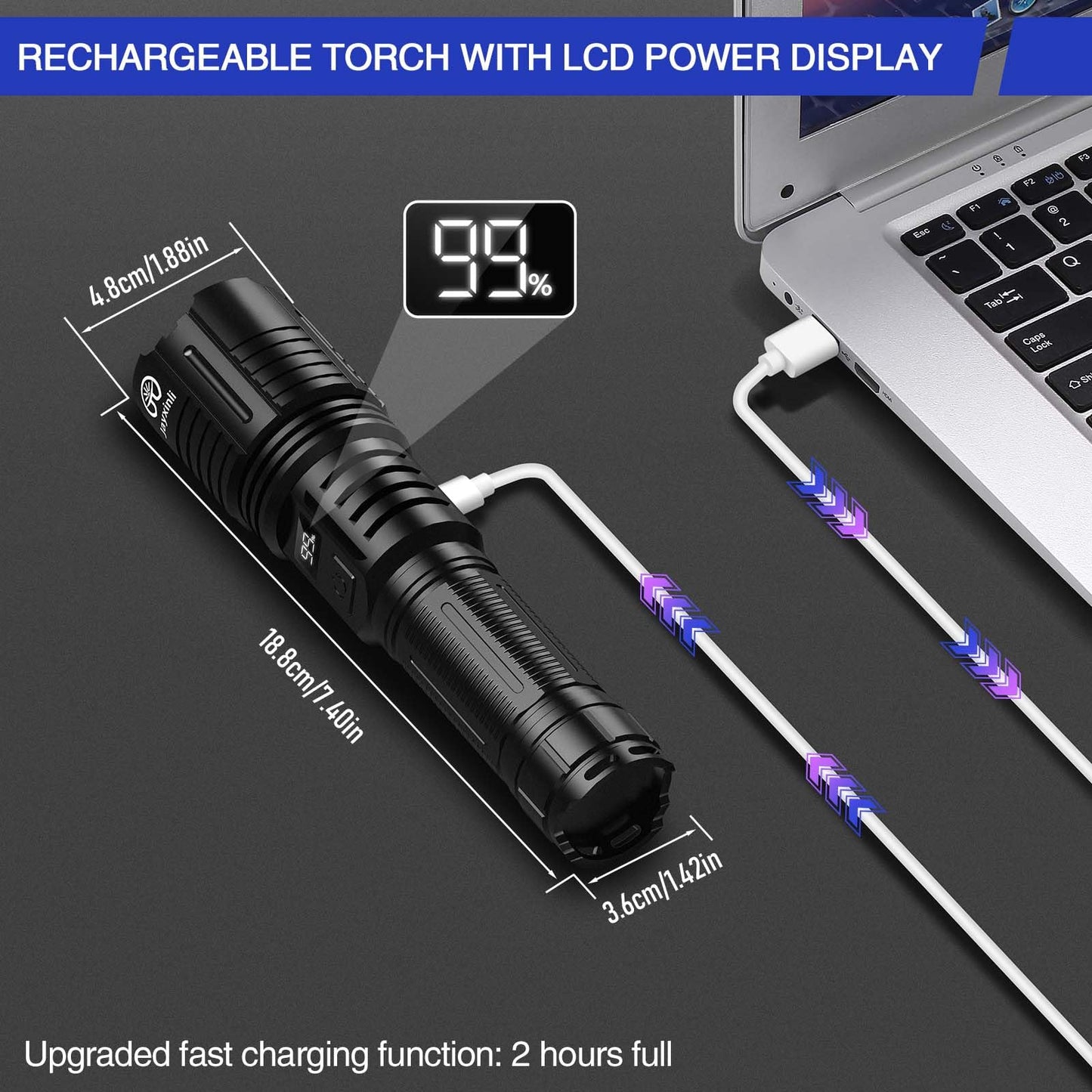Torches LED Super Bright 500000 Lumen Rechargeable with LCD Power Display and 5000 mAh, Zoomable, IP67, Powerful, 5 Light Modes, High Power Torch for Camping, Hiking, Dog Walking